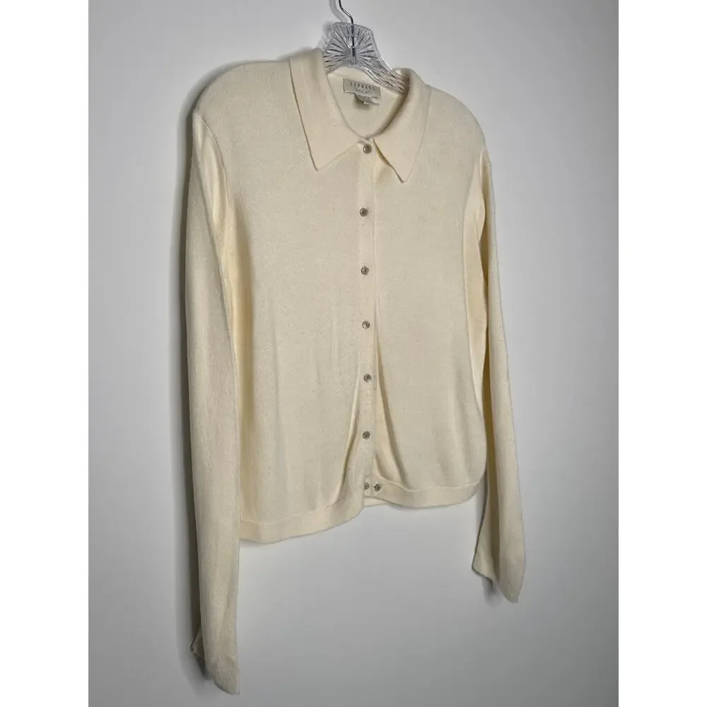 Vintage 70s Express Tricot Ivory Collared Cardigan Sweater Hong Kong Medium